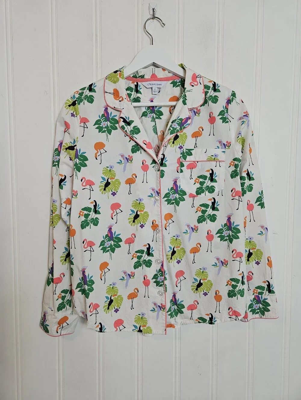 The Company Store Pajama Top S Cotton Poplin Tropical Flamingo Birds Print White